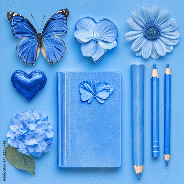 Fototapeta 
Collage of blue-themed objects, including a book, a crayon, a butterfly, a flower, a pencil, another flower, a heart