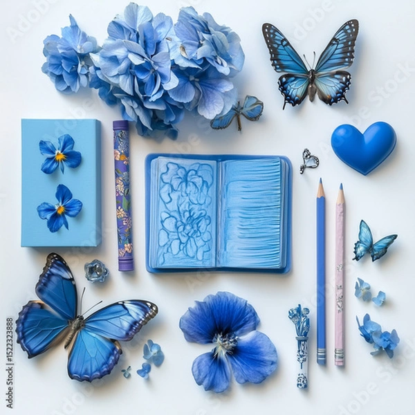 Fototapeta 
Collage of blue-themed objects, including a book, a crayon, a butterfly, a flower, a pencil, another flower, a heart