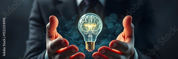 Fototapeta Businessman holding a glowing lightbulb with brain symbol representing idea and innovation