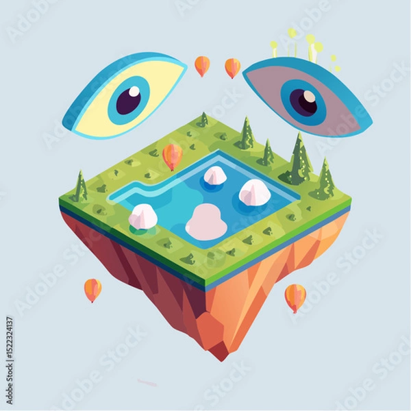 Fototapeta Vector illustration of a surreal dreamscape with floating islands and giant eyes, artistic style, vivid colors, imaginative shapes-generative AI