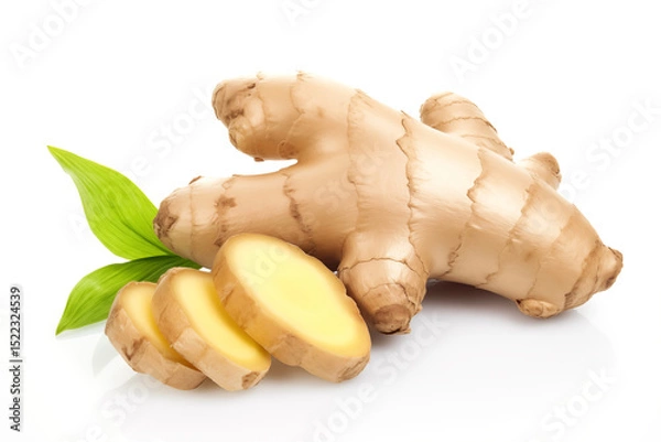 Fototapeta Close up of fresh ginger root and slices, showcasing the spice's rich color and texture against a clean white backdrop