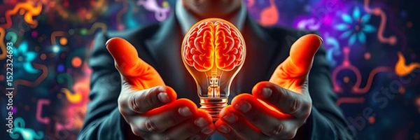 Fototapeta Businessman cradling a glowing brain inside of a lightbulb representing ideas and innovation.