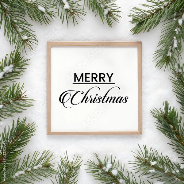 Obraz Merry Christmas Greeting in Wooden Frame Surrounded by Pine Branches on Snow Background