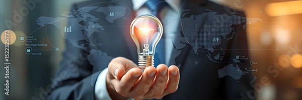 Fototapeta Businessman holds glowing light bulb illustrating innovation and global business opportunities