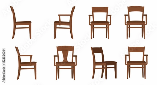 Fototapeta Elegant Wooden Chairs Different Angles Vector Set For Your Projects