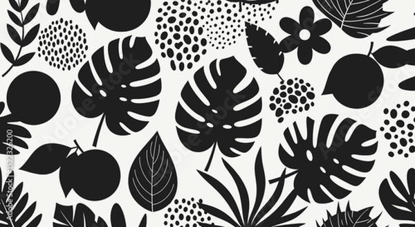 Fototapeta Monochrome Botanical Pattern with Tropical Leaves and Fruit Silhouettes