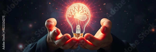 Fototapeta Creative idea concept depicted by hands holding a bright glowing brain inside a light bulb
