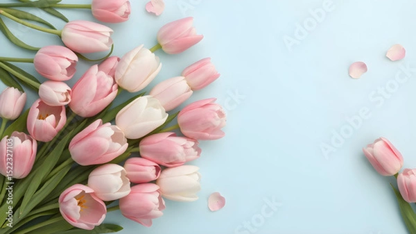 Obraz Pastel blue background with spring flowers. Pink and white tulips bouquet flat lay with space for text. Perfect for Valentine's Day, Easter, Birthday, Women's Day and Mother's Day cards.