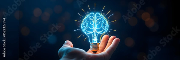 Fototapeta Hand holding a glowing brain inside a lightbulb representing creative ideas and innovation