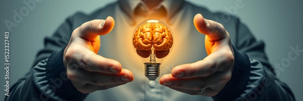 Fototapeta Human hands cradling a glowing brain inside a lightbulb representing innovation and idea