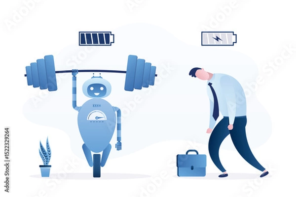 Obraz Cyborg with full battery charge and unhappy tired businessman with low battery. Robot with artificial intelligence replace burnout worker man.