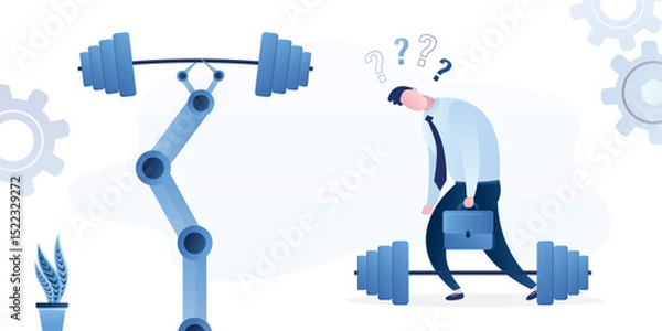 Obraz Strong and smart cyborg arm with lifting heavy dumbbell and unhappy tired businessman without power. Robot with AI replace burnout worker man.