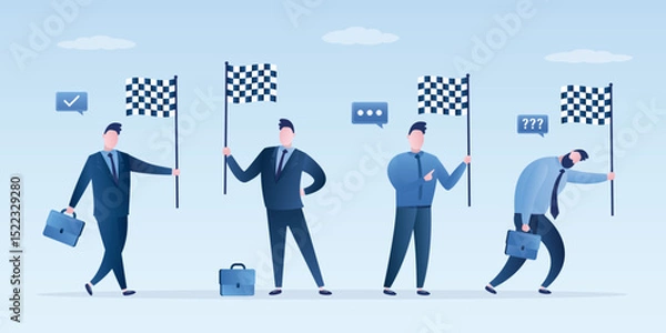 Obraz Set of happy male employees holding the finish flags. Confident businessman successfully completed task, job or lesson. Winner, rewarding, leader at finish line, victory.