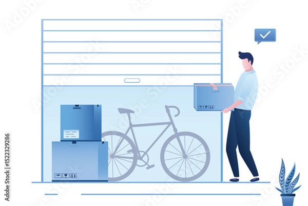 Obraz Smart man keeping personal belongings in rented storage space. Mini garage rental. Self storage, landing page template. Businessman holding key. Small mini warehouse unit.