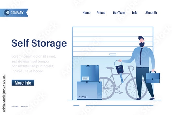 Obraz Smart man keeping personal belongings in rented storage space. Mini garage rental. Self storage, landing page template. Businessman holding key. Small mini warehouse unit.