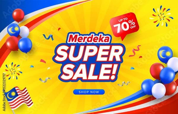 Fototapeta Malaysia Day or Hari Merdeka sale illustration with yellow burst background and celebration confetti and balloons. Vector design template for promotion concept.