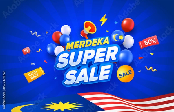 Fototapeta Cool Malaysia Day or Hari Merdeka celebration sale promotion design. Vector illustration template with voucher, balloons, mega phone, vouchers, confetti and flags.