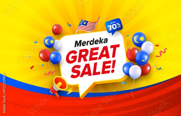 Fototapeta Bright yellow Malaysia Day or Hari Merdeka great sale promotion shout out concept. Vector template with speech bubble, balloons, megaphone and confetti.