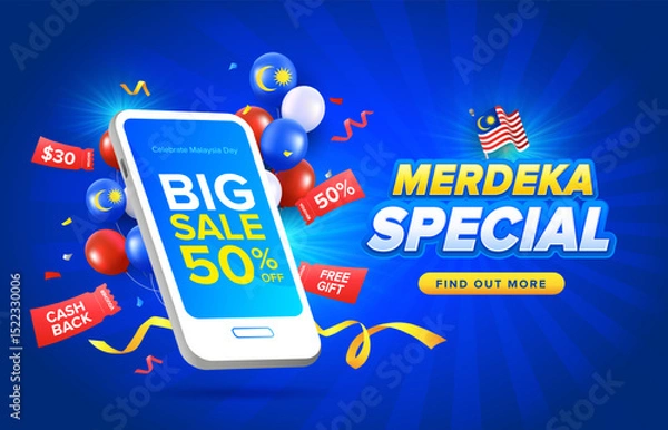 Fototapeta Malaysia Day or Hari Merdeka big sale online promotion with blue background concept. Vector template with phone, balloons, vouchers and confetti.