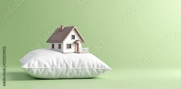 Obraz Decorative house model on plush pillow with detailed roof and fence, symbolizing secure, cozy living environment