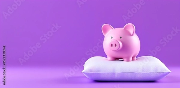 Obraz Cute pink piggy bank on plush white pillow with purple background, minimalist concept of safe savings and budgeting