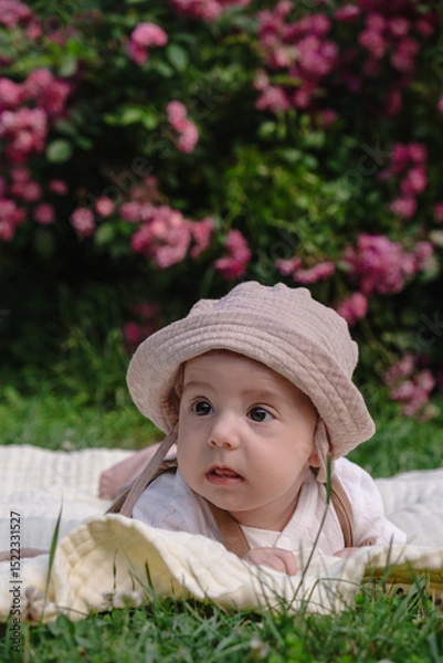 Obraz Child Lying on Blanket Surrounded by Pink Flowers