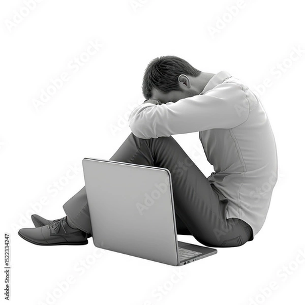 Obraz Man sitting with laptop in despair pose