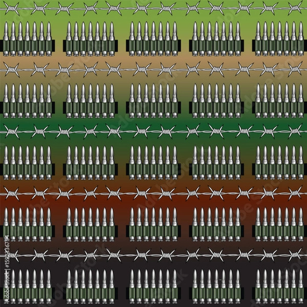 Fototapeta Seamless military themed pattern featuring repeating rows of bullets and barbed wire on a multicolor camouflage style gradient bg.Ideal for use in combat design concepts,tactical gear prints.