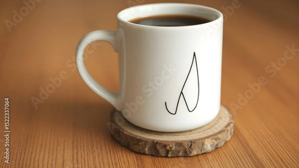Obraz ceramic mug with minimalist design placed on textured wooden coaster