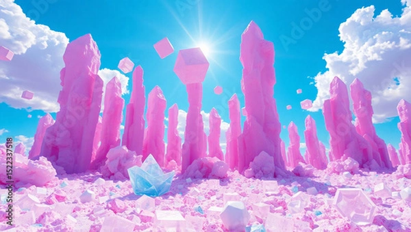 Obraz A dreamy, futuristic landscape filled with towering pink and purple crystal structures.