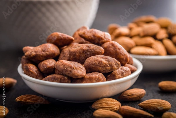 Fototapeta Almond nuts coated in sugar and honey in bowl on black table.