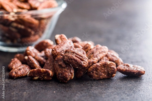 Fototapeta Pecan nuts coated in sugar and honey on black table.