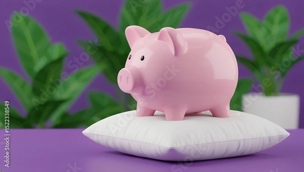 Obraz Pink piggy bank on a soft white pillow with green plants on purple background, symbolizing financial security and comfort