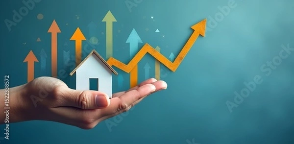 Obraz Hand holding small house with colorful arrows and growth chart, visualizing rising home interest rates and real estate market trends