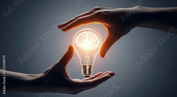 Fototapeta Brain Lightbulb Between Hands