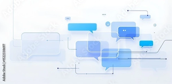 Obraz Flat minimal chat interface with translucent blue bubbles and abstract digital connections on white background, symbolizing clean communication