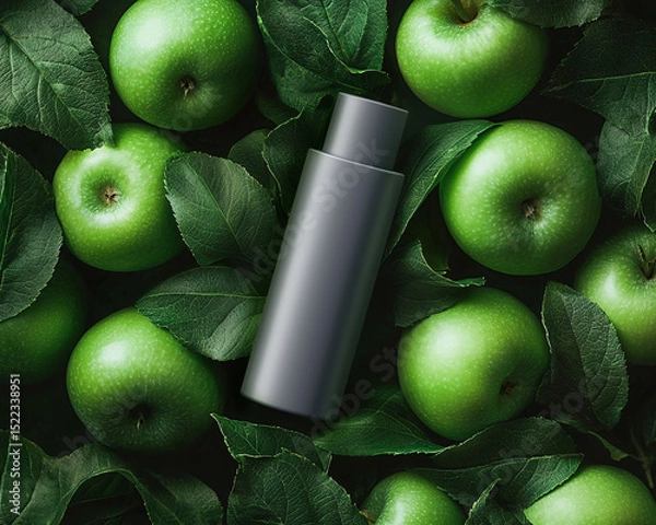 Obraz Cosmetic bottle lies on green apples background. Horizontal mockup of cream, liquid soap, shampoo or shower gel with fruit ingredients. Flat lay of dark grey plastic packaging
