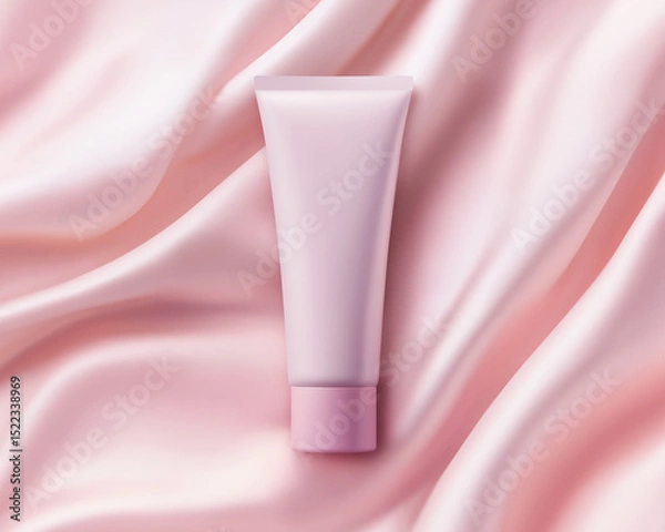 Obraz Pink tube lies on pastel silk background. Monochrome horizontal mockup of anti-wrinkle cream or cosmetics with soft texture. Flat lay of matte plastic packaging, studio light