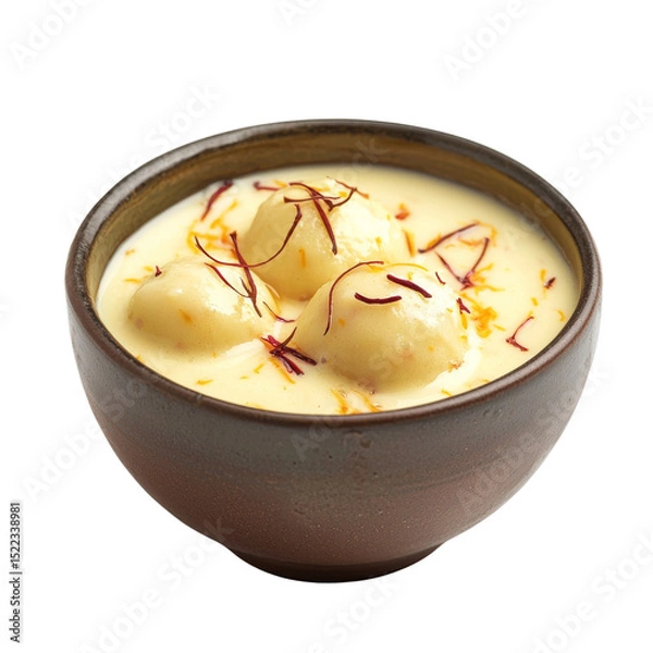 Obraz Delicious dessert featuring soft dumplings in creamy saffron sauce, garnished with strands of saffron