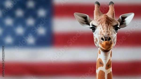 Fototapeta Giraffe has a poster blank at its neck with a 4th of July flag background. A long necked mammal displays a vacant area on its throat featuring a patriotic image celebrating a summer