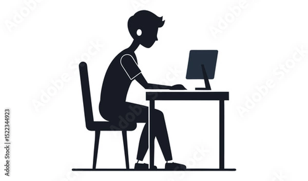 Fototapeta Dark Silhouette Man Working at Computer on Desk with Chair, Isolated on White