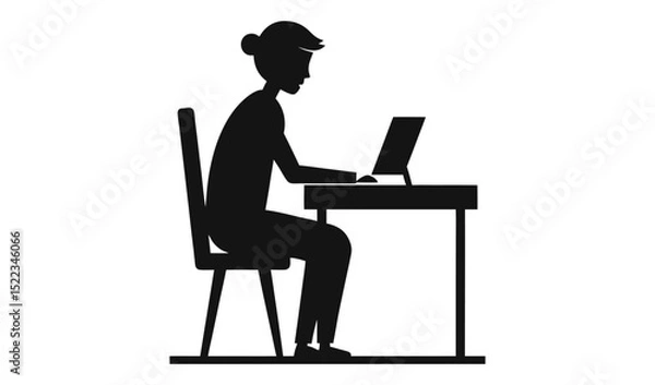 Fototapeta Silhouette of Woman Working on Laptop at Desk with Chair in Simple Illustration