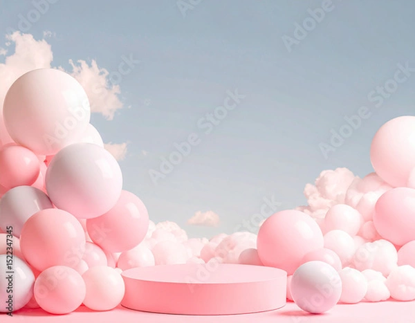 Obraz パステルピンクな風船と台（生成AI　Generated Image）
