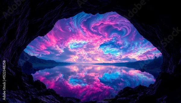 Obraz A surreal cave opening to a vast lake reflecting vibrant, colorful cosmic clouds swirling in the sky. 
