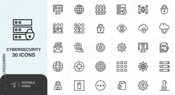 Obraz Cybersecurity Interface Icons Set, Security Line Icons Set – Data Protection, Internet Safety, Firewall, Encryption Symbols