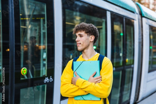 Fototapeta Young college student waiting for the tram with his binder and backpack