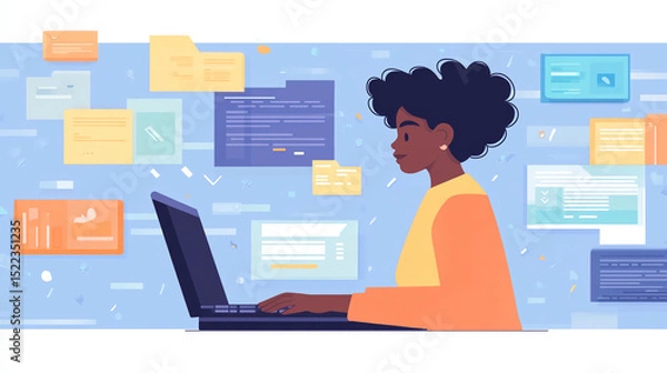 Fototapeta Illustration of woman working on laptop computer for online business and digital marketing project