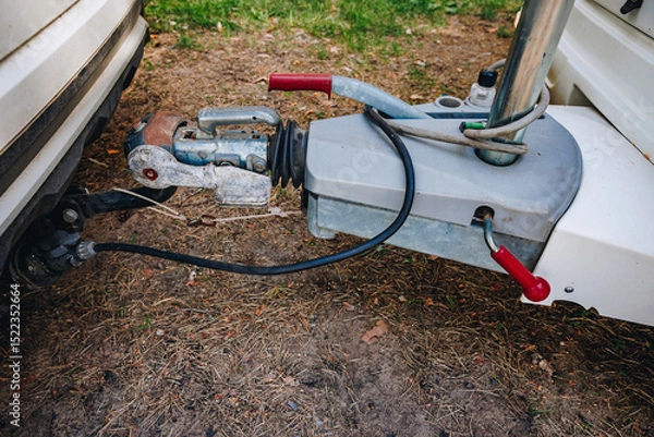 Fototapeta Hooking up caravan to a car. Сouple a trailer (i.s., hooked) into a ball-type tow hitch. Trailer coupling for caravans