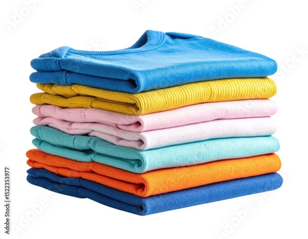 Fototapeta Neatly folded stack of colorful t-shirts arranged in a pile.