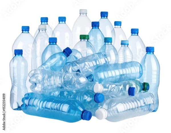 Fototapeta A collection of various empty plastic water bottles, some crushed and some intact, arranged together.